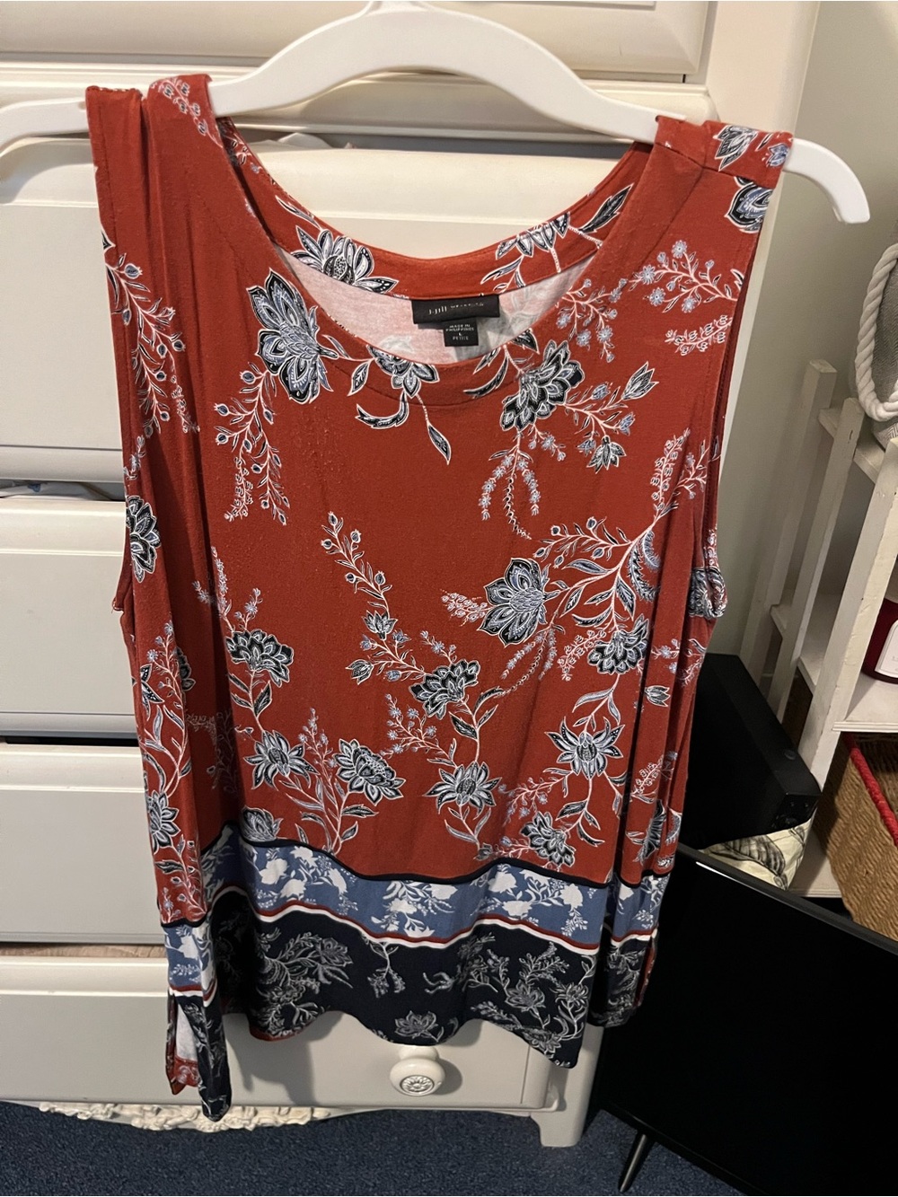 J. Jill Rust Floral Tank Top with Navy Border